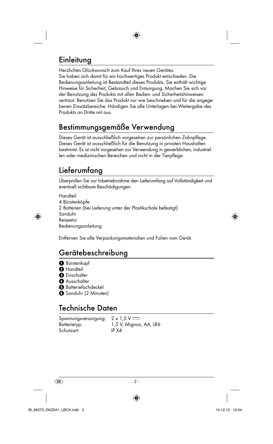 Einleitung, Bestimmungsgemäße verwendung, Lieferumfang | Gerätebeschreibung, Technische daten | Dentalux DKZ 2 A1 User Manual | Page 5 / 42