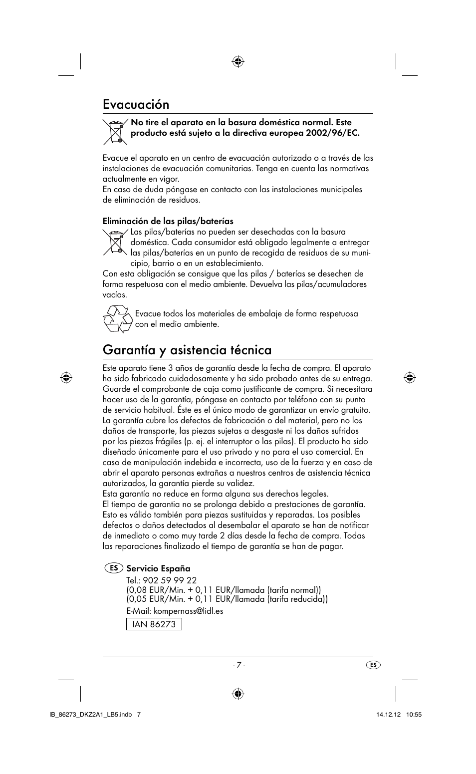 Evacuación, Garantía y asistencia técnica | Dentalux DKZ 2 A1 User Manual | Page 10 / 30