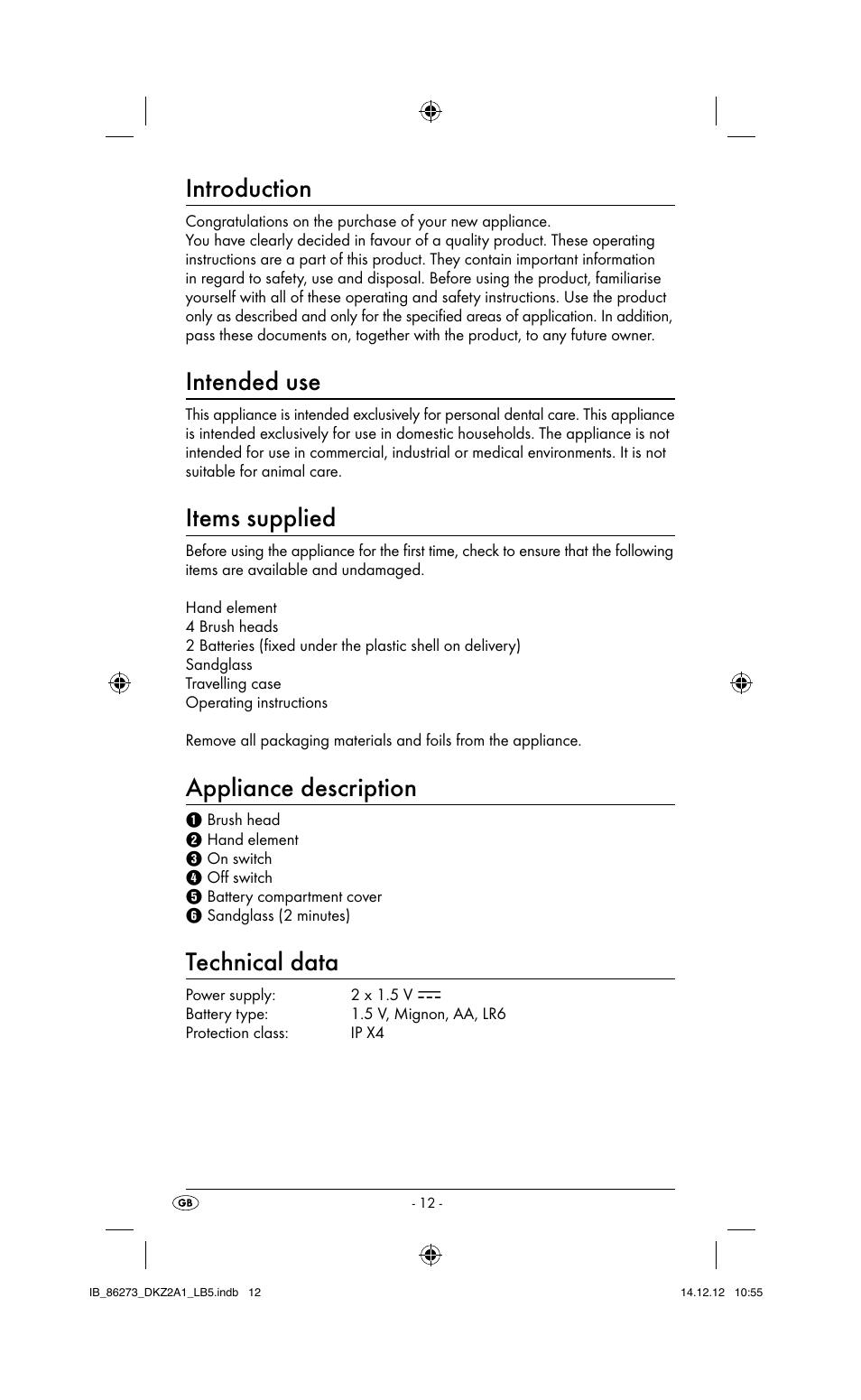 Introduction, Intended use, Items supplied | Appliance description, Technical data | Dentalux DKZ 2 A1 User Manual | Page 15 / 30
