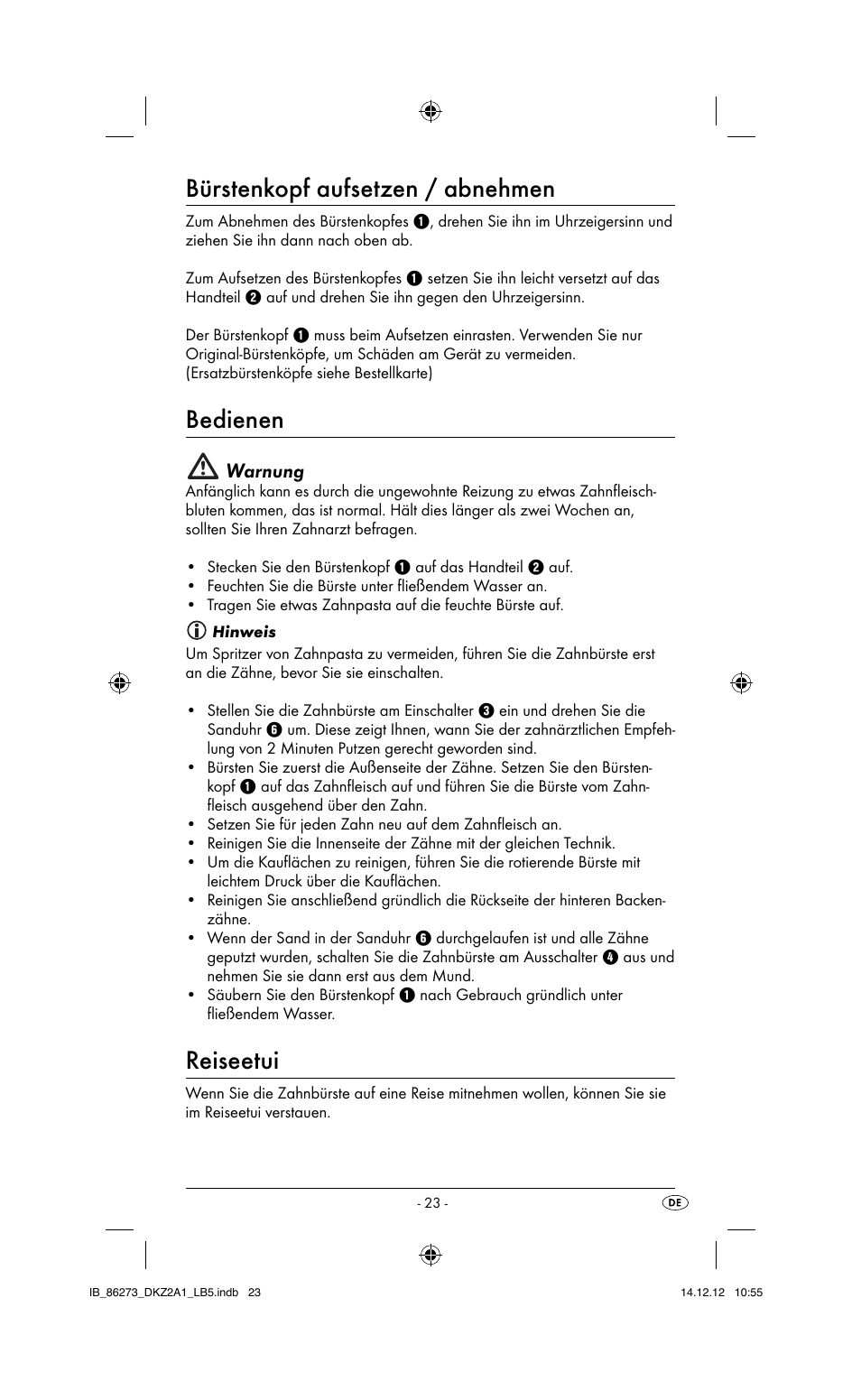 Bürstenkopf aufsetzen / abnehmen, Bedienen, Reiseetui | Warnung | Dentalux DKZ 2 A1 User Manual | Page 26 / 30