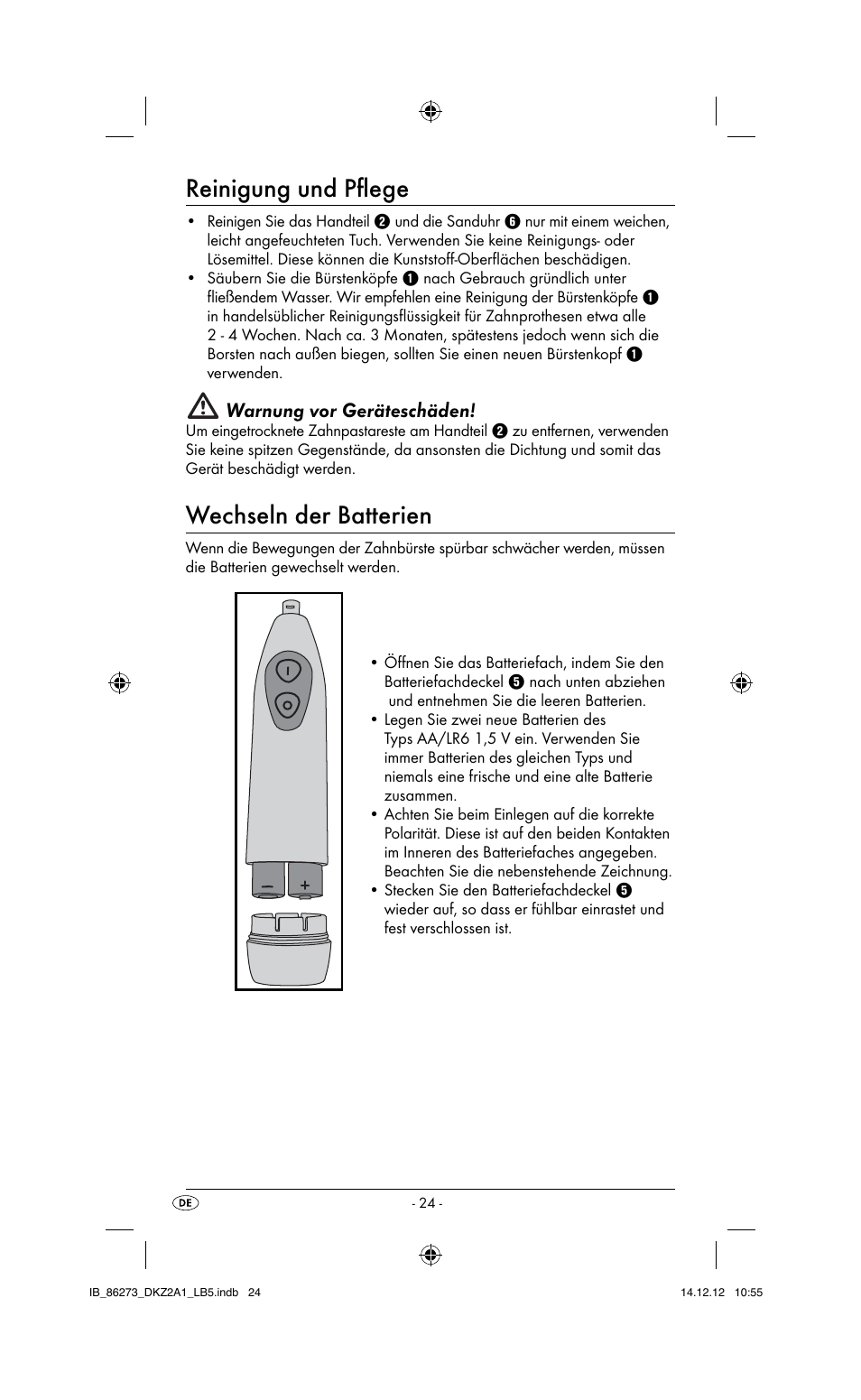 Reinigung und pﬂ ege, Wechseln der batterien, Warnung vor geräteschäden | Dentalux DKZ 2 A1 User Manual | Page 27 / 30