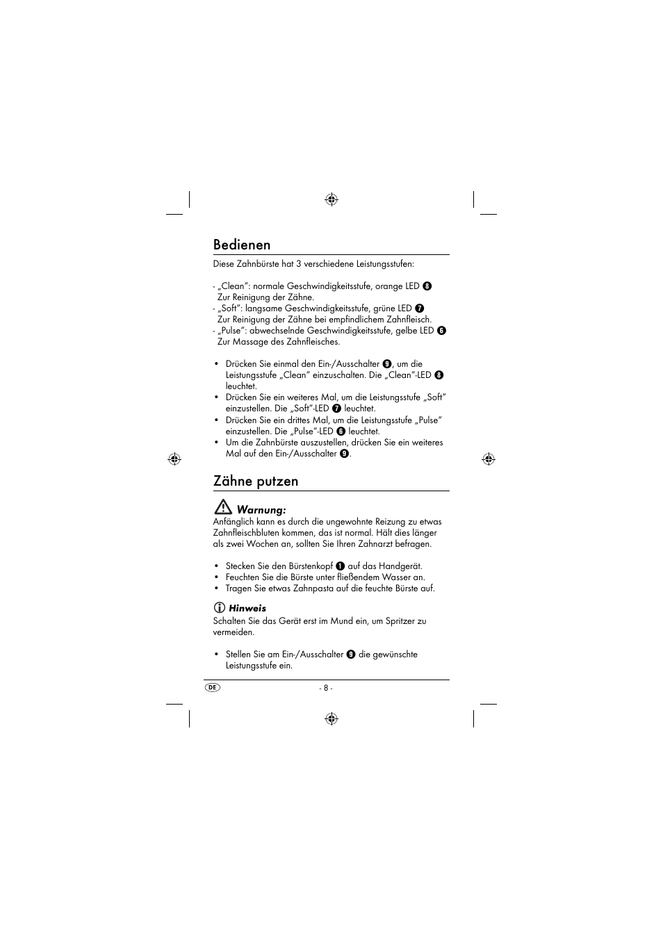 Bedienen, Zähne putzen | Dentalux DAZ 2.4 A2 User Manual | Page 11 / 74