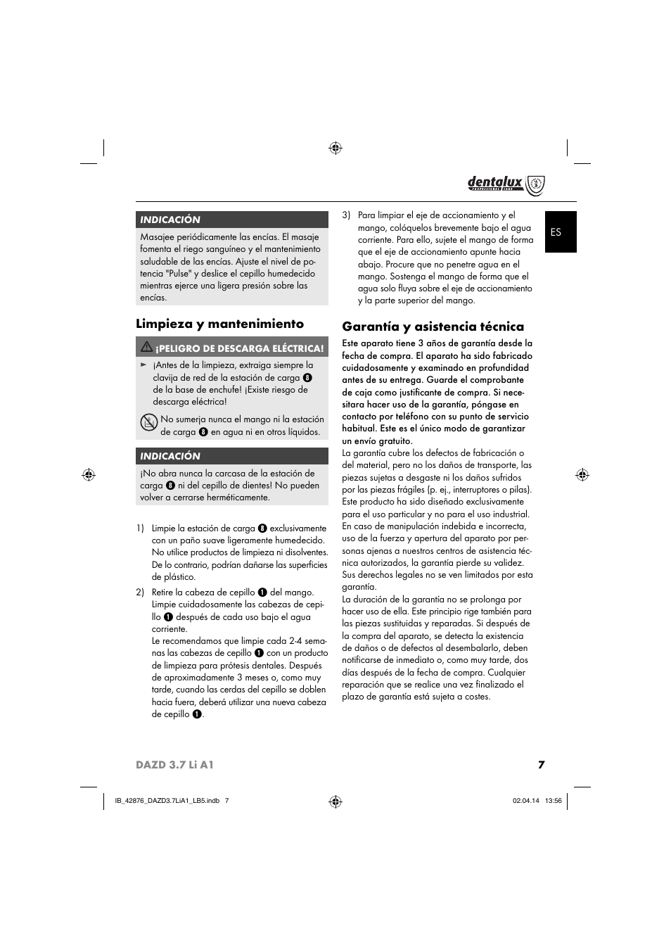 Limpieza y mantenimiento, Garantía y asistencia técnica | Dentalux DAZD 3.7 Li A1 User Manual | Page 10 / 40