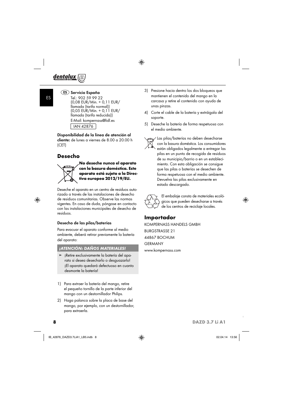 Desecho, Importador | Dentalux DAZD 3.7 Li A1 User Manual | Page 11 / 40