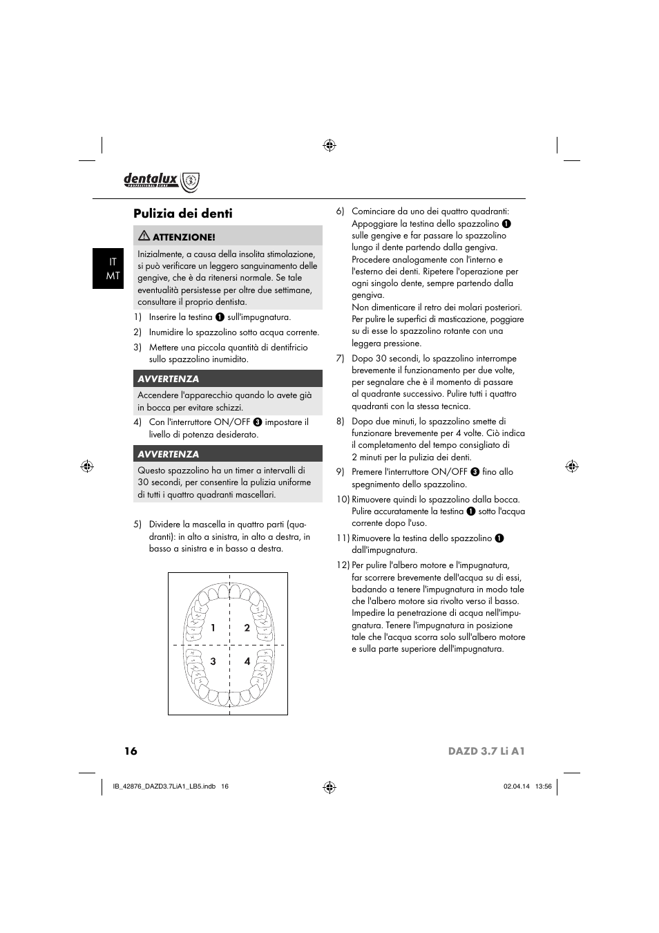 Pulizia dei denti | Dentalux DAZD 3.7 Li A1 User Manual | Page 19 / 40