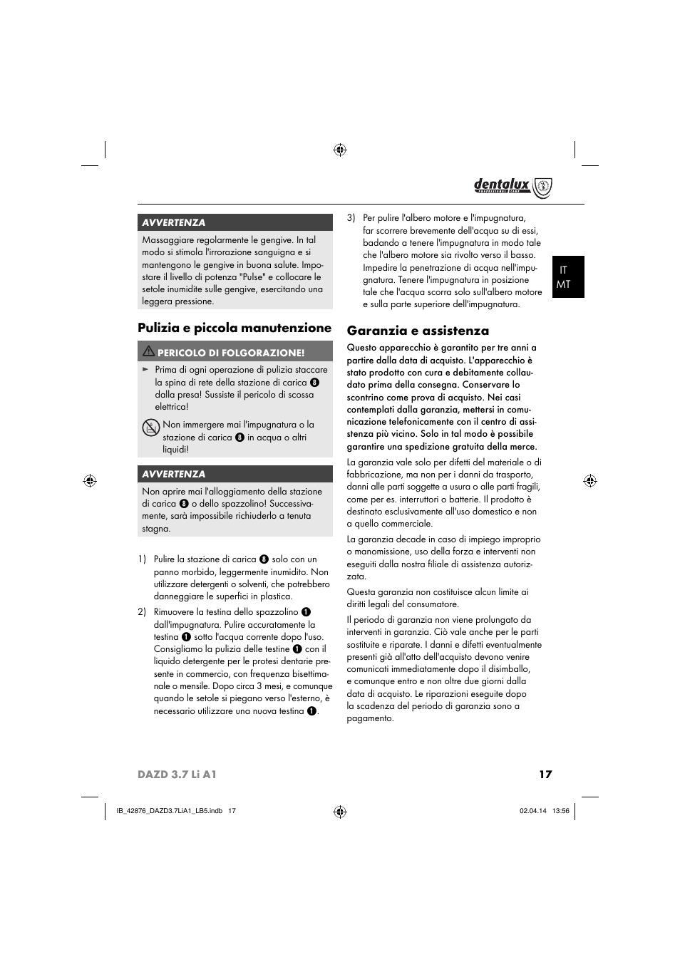 Pulizia e piccola manutenzione, Garanzia e assistenza | Dentalux DAZD 3.7 Li A1 User Manual | Page 20 / 40