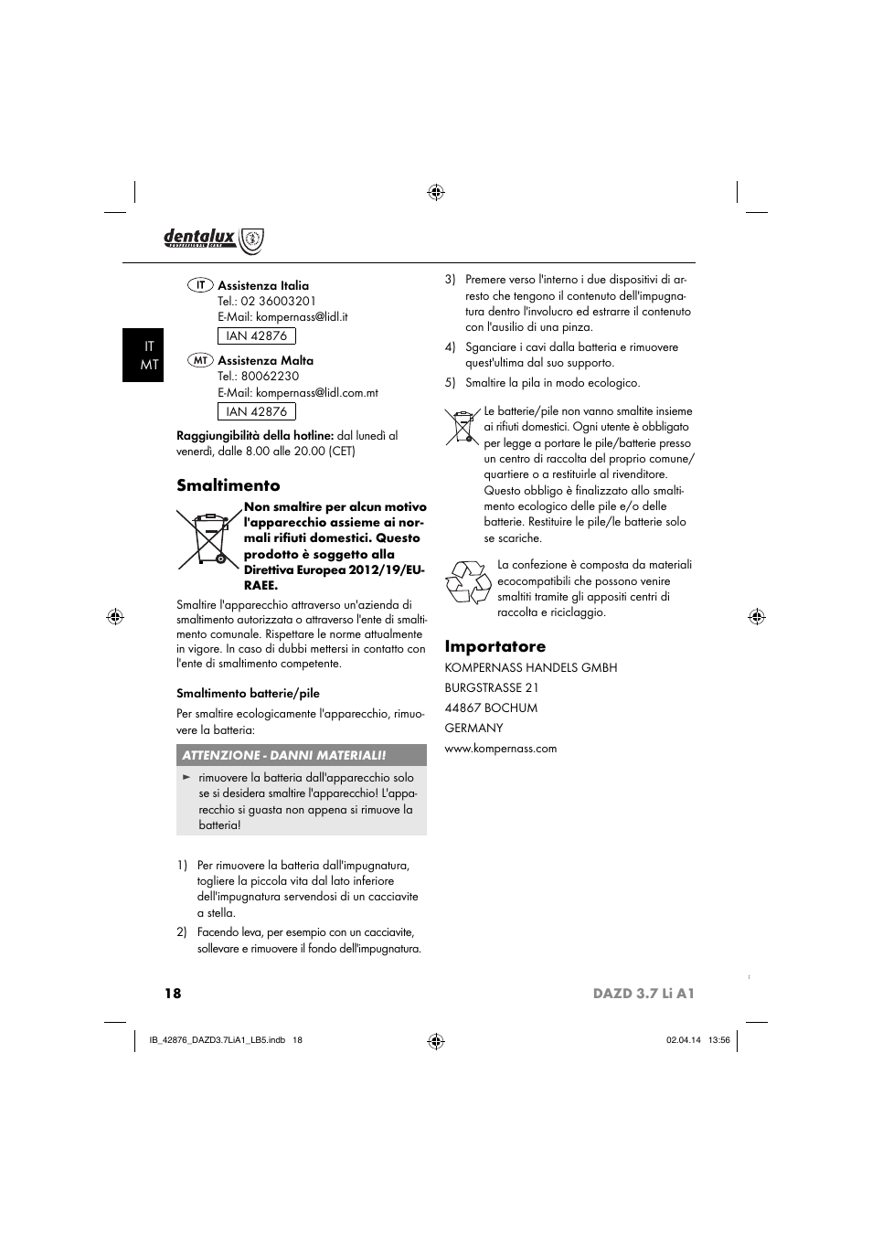 Smaltimento, Importatore | Dentalux DAZD 3.7 Li A1 User Manual | Page 21 / 40