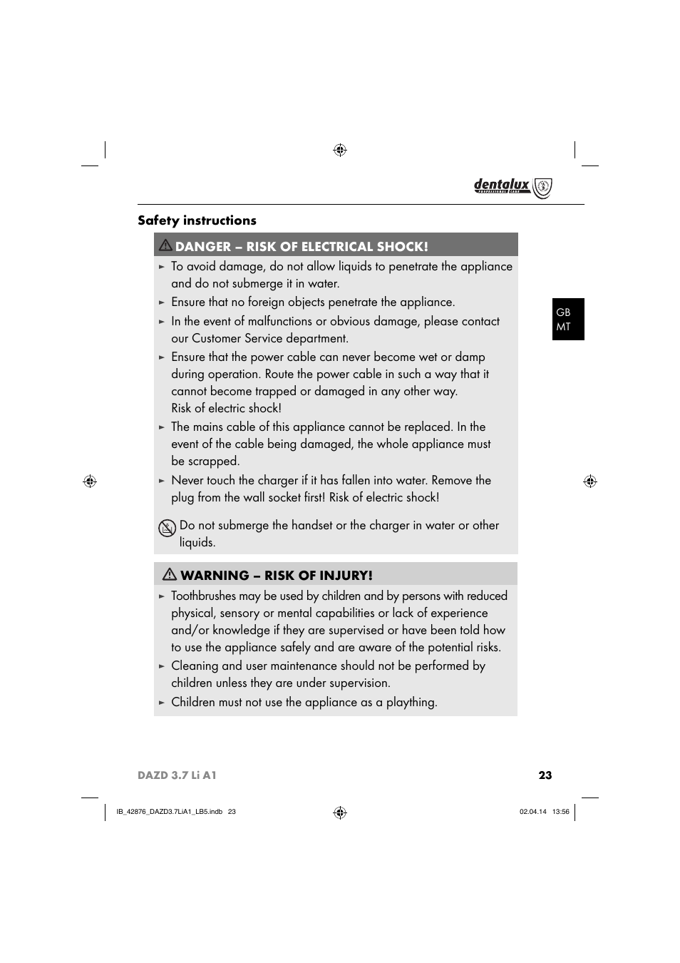 Safety instructions, Danger – risk of electrical shock, Children must not use the appliance as a plaything | Dentalux DAZD 3.7 Li A1 User Manual | Page 26 / 40