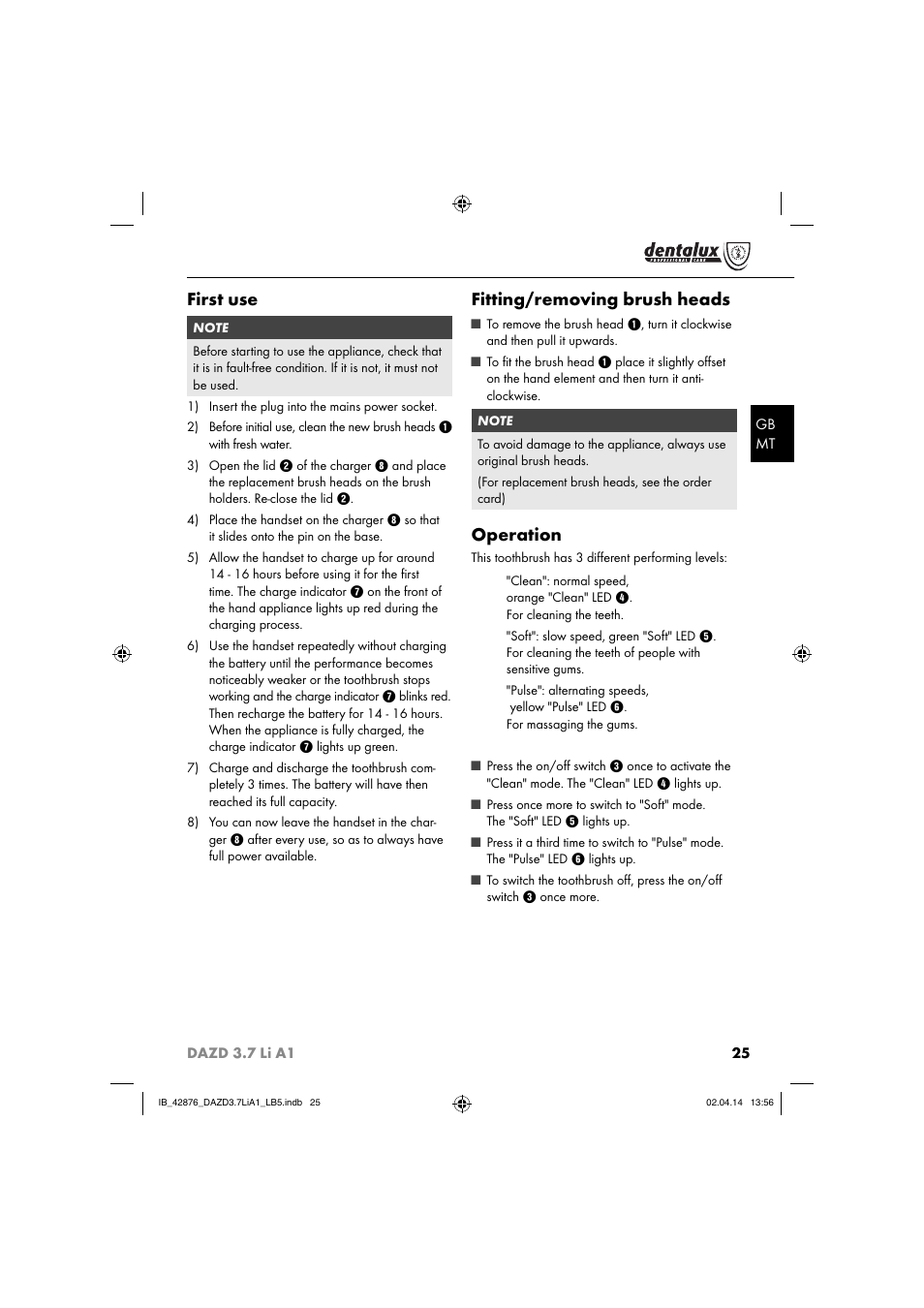 First use, Fitting/removing brush heads, Operation | Dentalux DAZD 3.7 Li A1 User Manual | Page 28 / 40