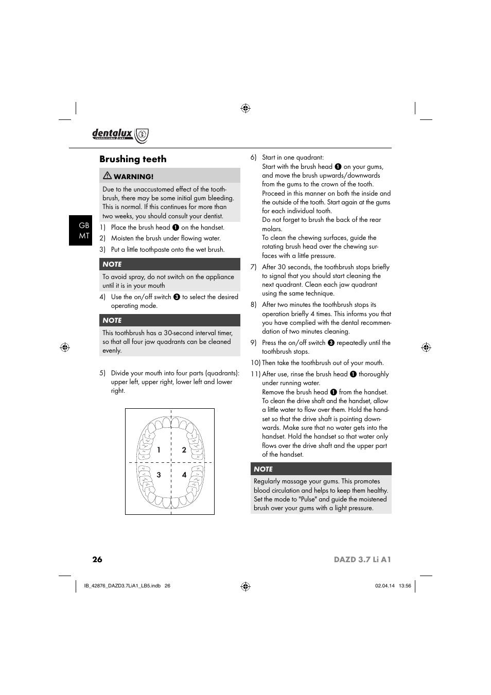 Brushing teeth | Dentalux DAZD 3.7 Li A1 User Manual | Page 29 / 40