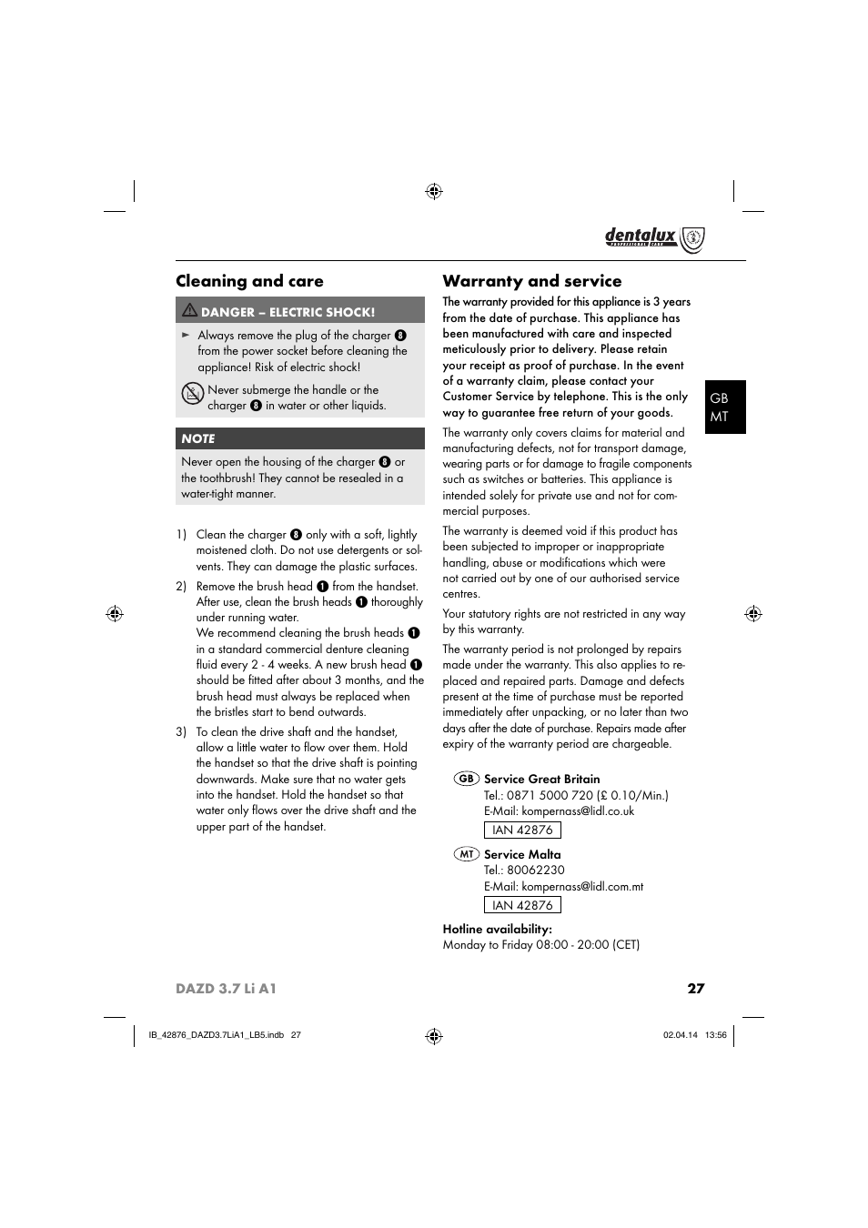 Cleaning and care, Warranty and service | Dentalux DAZD 3.7 Li A1 User Manual | Page 30 / 40