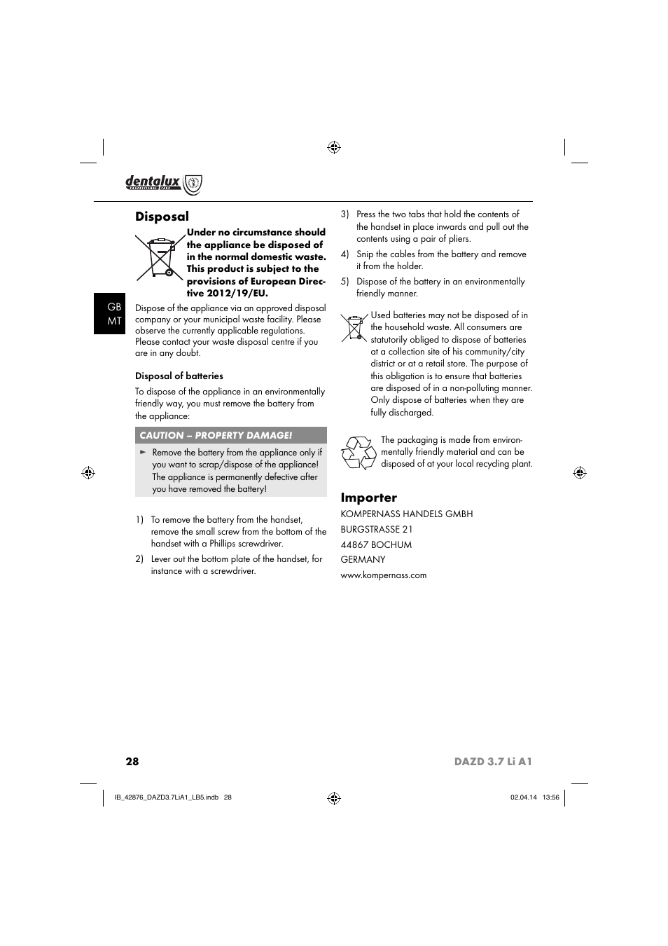 Disposal, Importer | Dentalux DAZD 3.7 Li A1 User Manual | Page 31 / 40