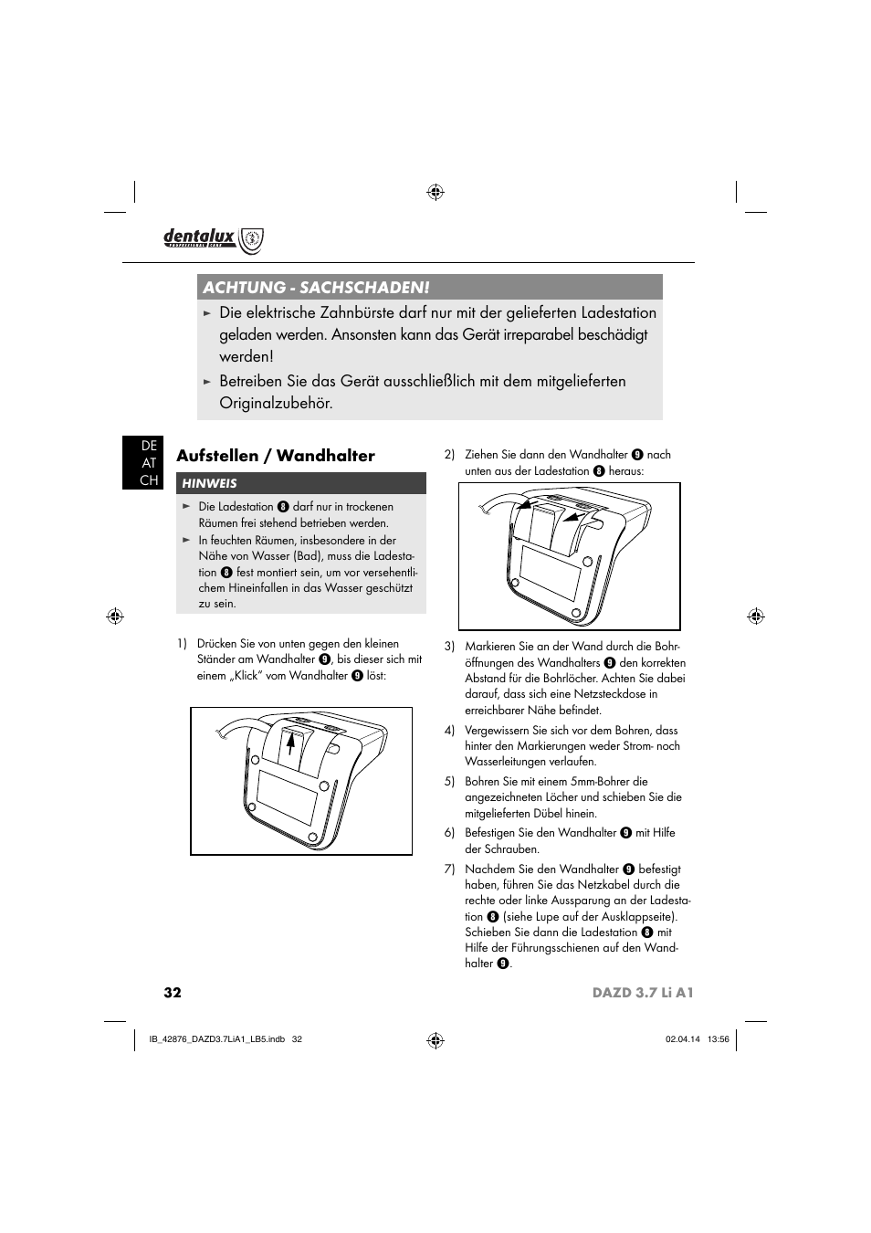 Achtung - sachschaden | Dentalux DAZD 3.7 Li A1 User Manual | Page 35 / 40
