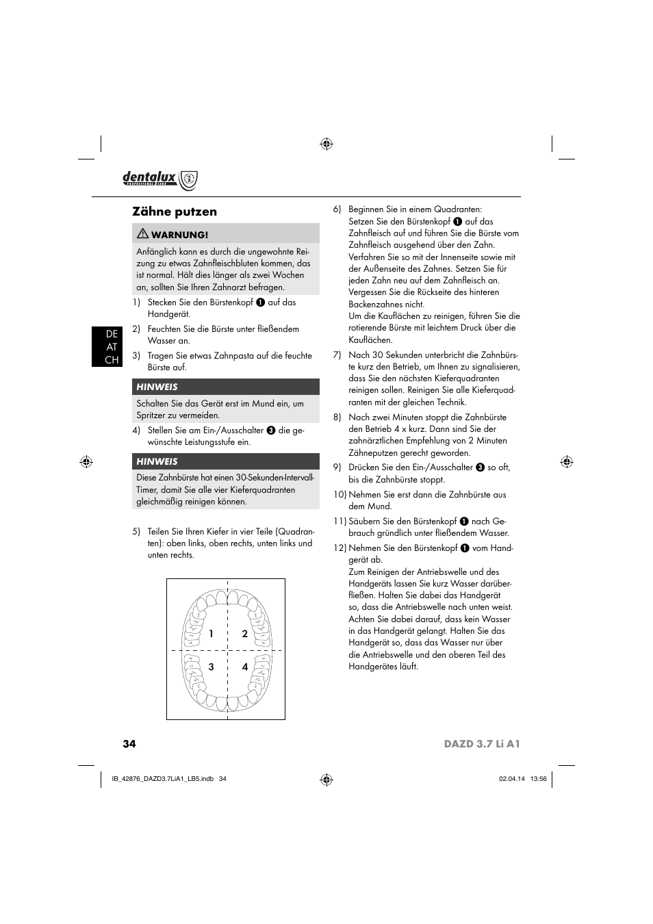 Zähne putzen | Dentalux DAZD 3.7 Li A1 User Manual | Page 37 / 40