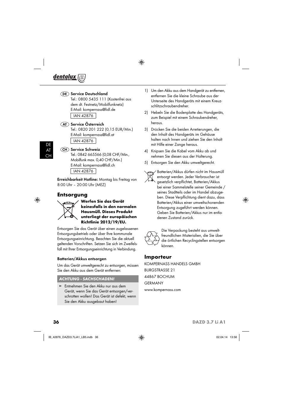 Entsorgung, Importeur | Dentalux DAZD 3.7 Li A1 User Manual | Page 39 / 40