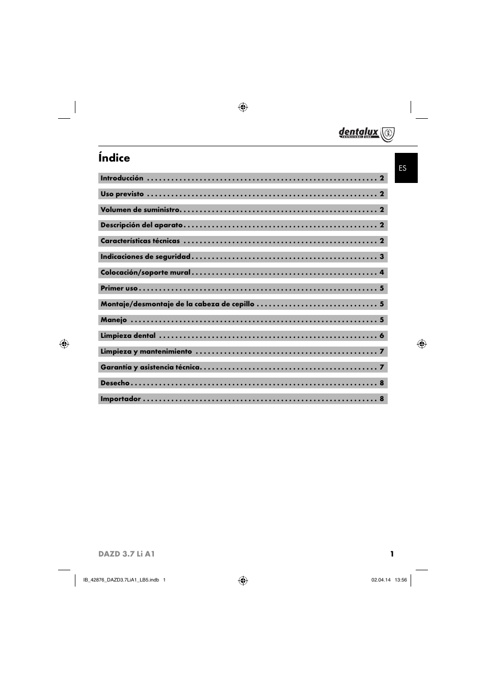 Índice | Dentalux DAZD 3.7 Li A1 User Manual | Page 4 / 40