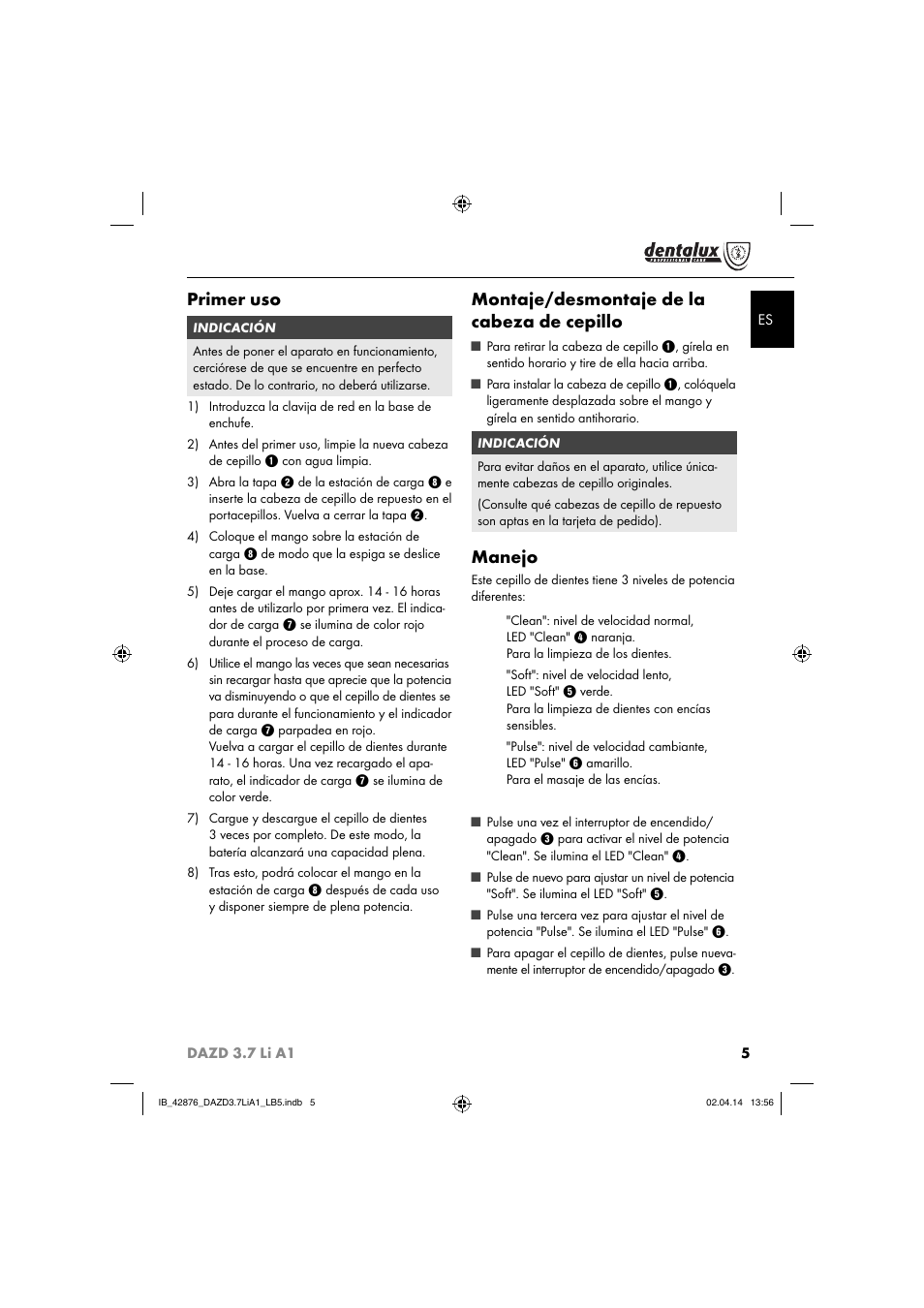 Primer uso, Montaje/desmontaje de la cabeza de cepillo, Manejo | Dentalux DAZD 3.7 Li A1 User Manual | Page 8 / 40