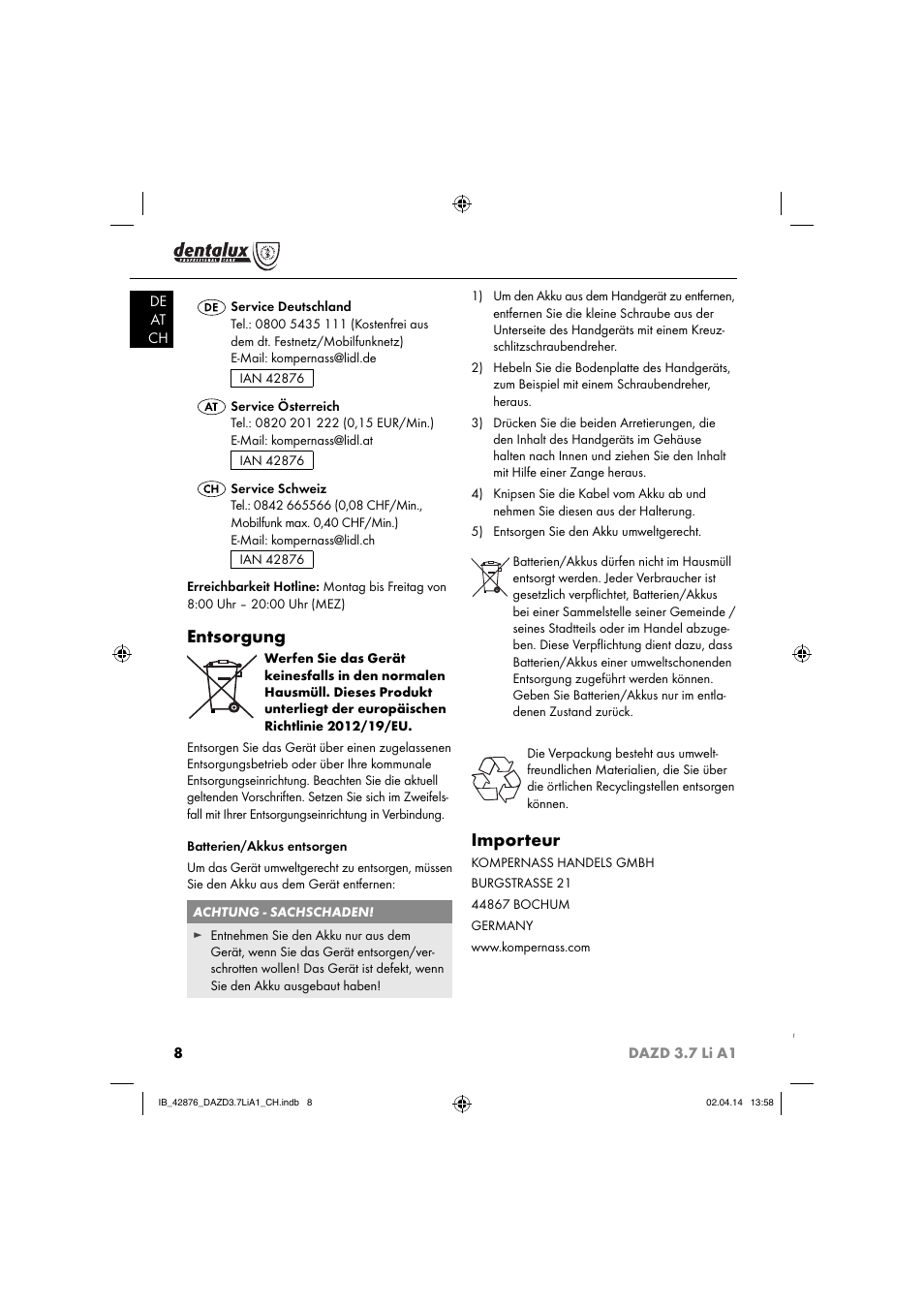 Entsorgung, Importeur | Dentalux DAZD 3.7 Li A1 User Manual | Page 11 / 44