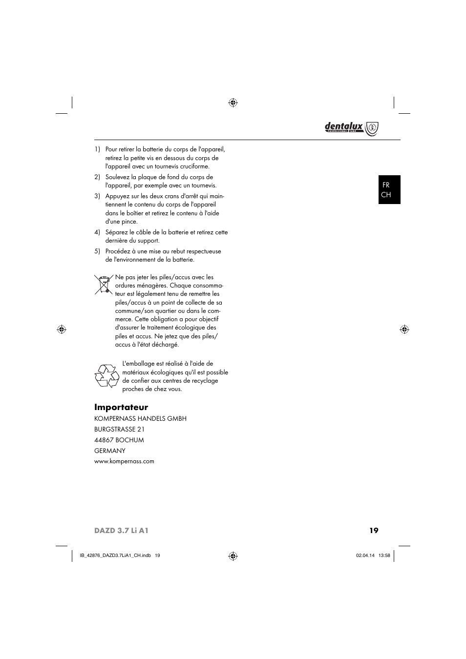 Importateur | Dentalux DAZD 3.7 Li A1 User Manual | Page 22 / 44