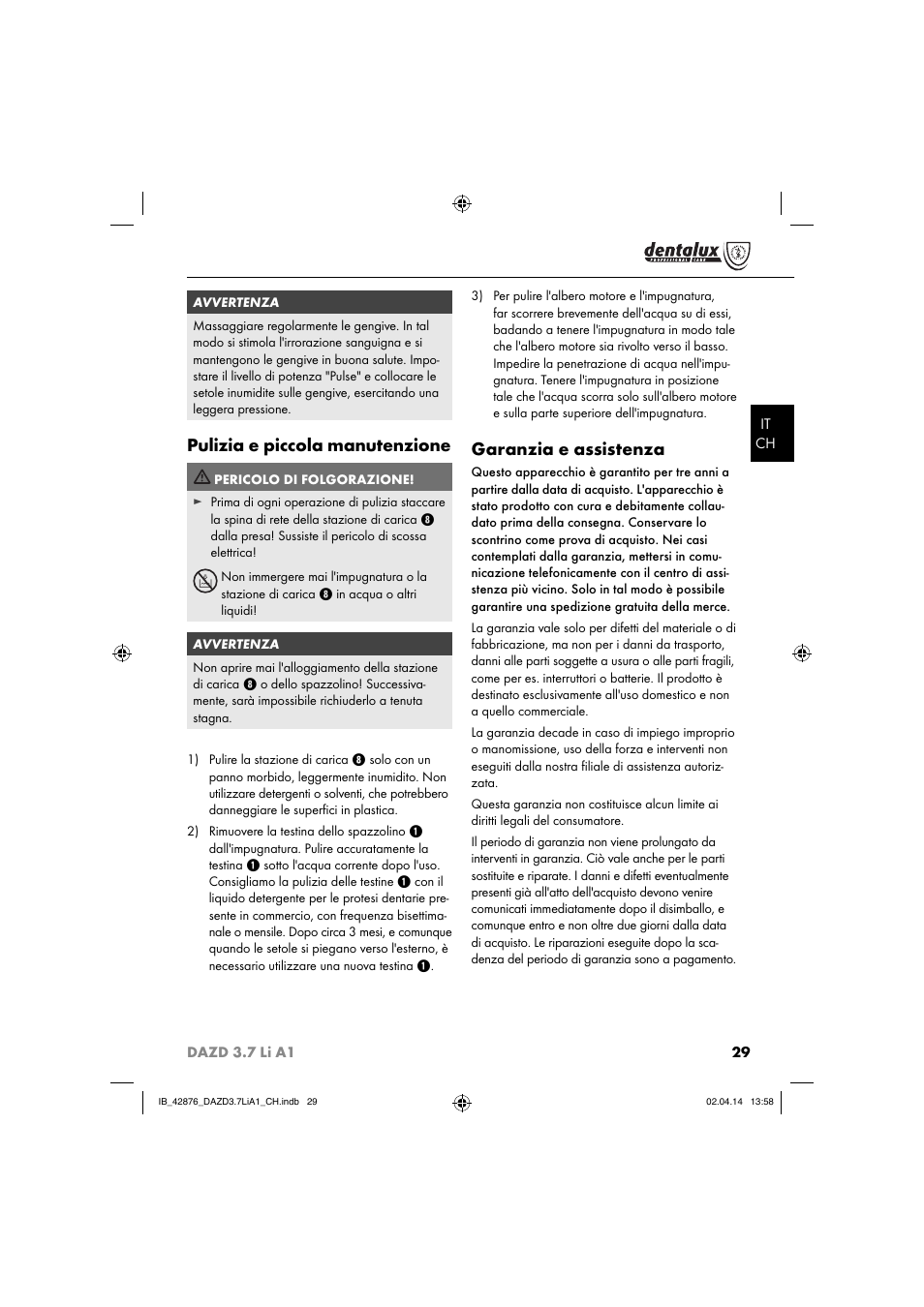 Pulizia e piccola manutenzione, Garanzia e assistenza | Dentalux DAZD 3.7 Li A1 User Manual | Page 32 / 44