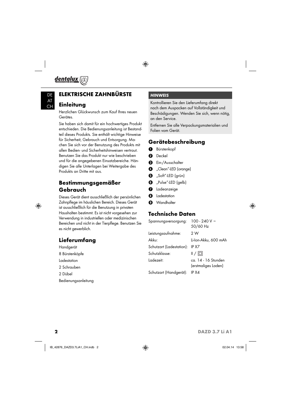 Elektrische zahnbürste einleitung, Bestimmungsgemäßer gebrauch, Lieferumfang | Gerätebeschreibung, Technische daten | Dentalux DAZD 3.7 Li A1 User Manual | Page 5 / 44