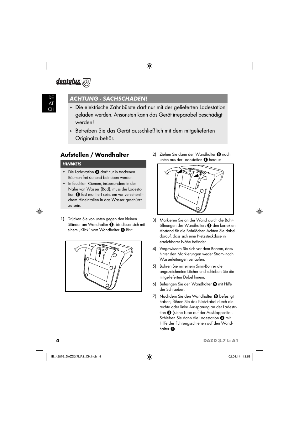 Achtung - sachschaden | Dentalux DAZD 3.7 Li A1 User Manual | Page 7 / 44