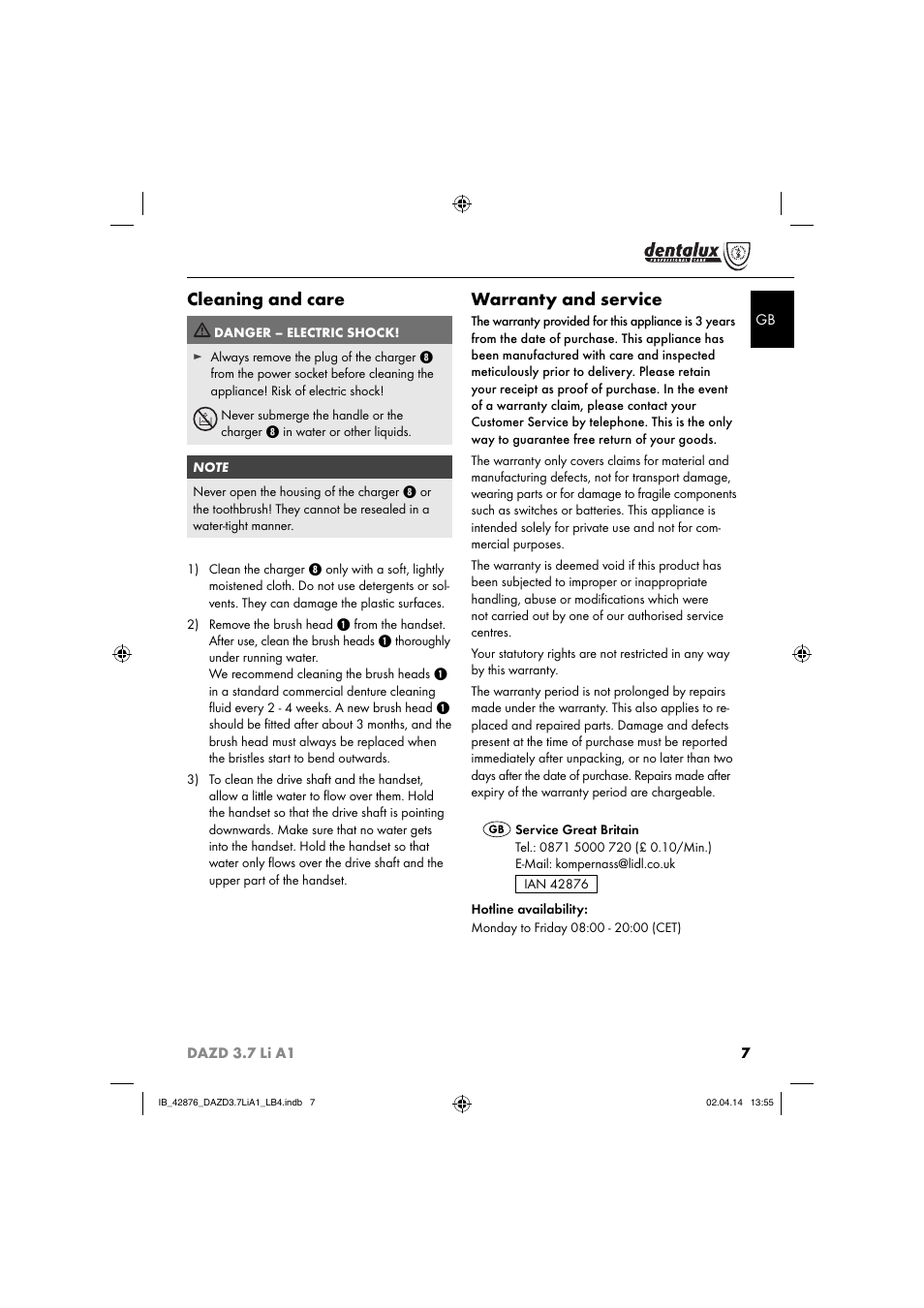 Cleaning and care, Warranty and service | Dentalux DAZD 3.7 Li A1 User Manual | Page 10 / 30