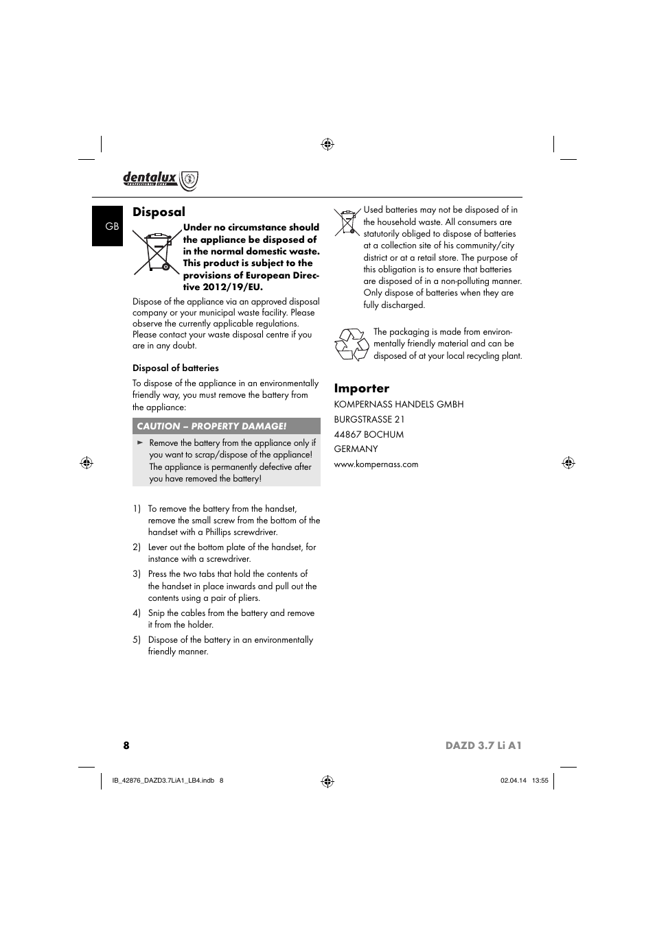 Disposal, Importer | Dentalux DAZD 3.7 Li A1 User Manual | Page 11 / 30