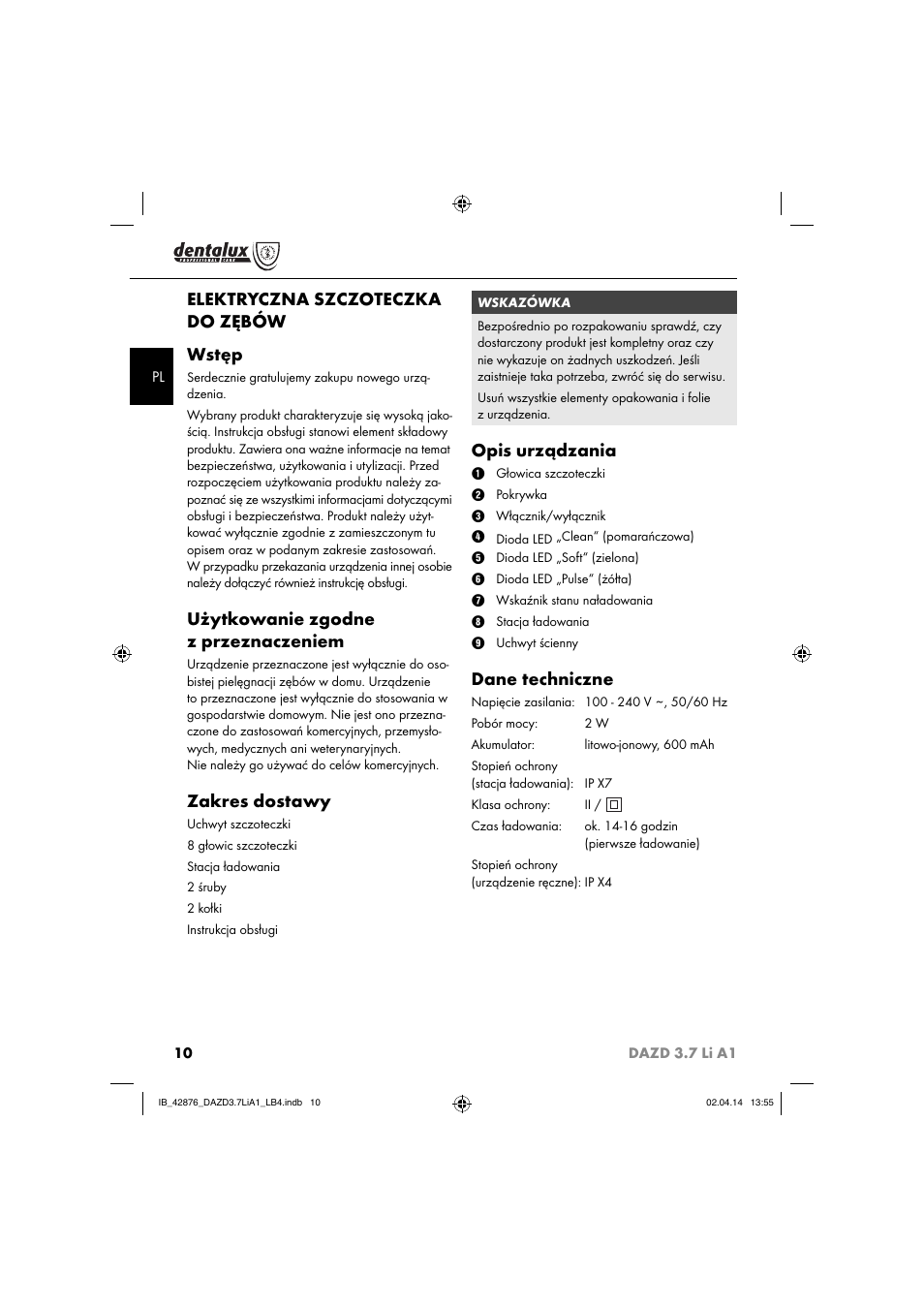 Elektryczna szczoteczka do zębów wstęp, Użytkowanie zgodne z przeznaczeniem, Zakres dostawy | Opis urządzania, Dane techniczne | Dentalux DAZD 3.7 Li A1 User Manual | Page 13 / 30