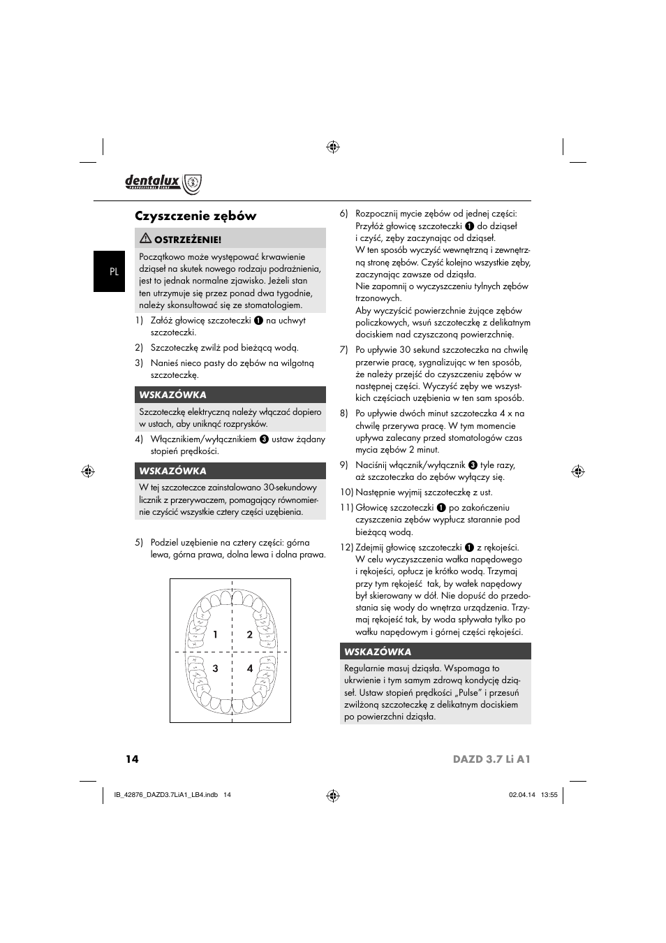 Czyszczenie zębów | Dentalux DAZD 3.7 Li A1 User Manual | Page 17 / 30