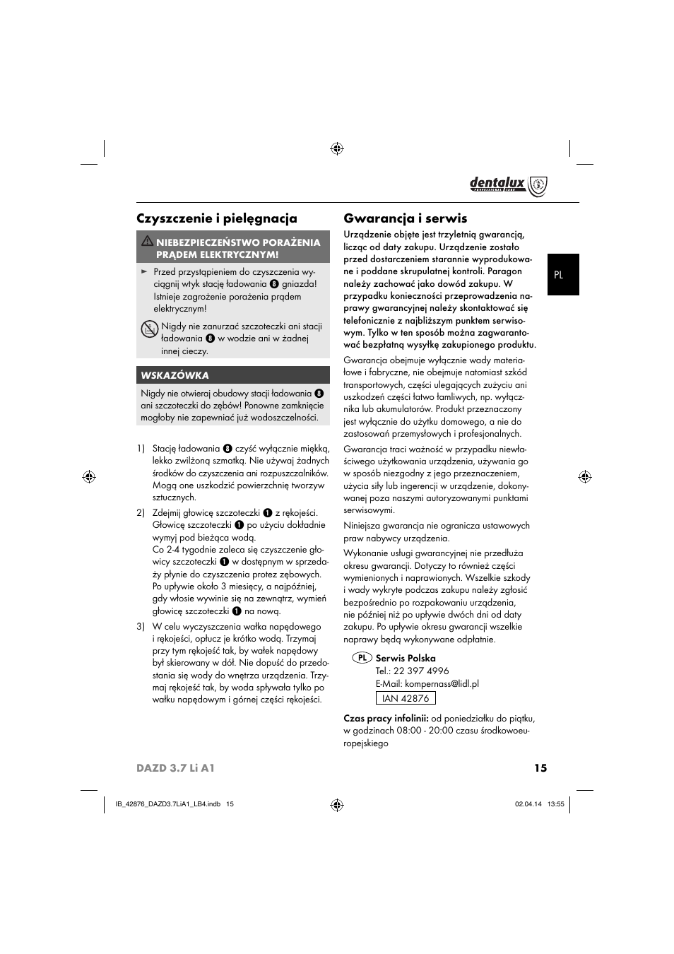 Czyszczenie i pielęgnacja, Gwarancja i serwis | Dentalux DAZD 3.7 Li A1 User Manual | Page 18 / 30
