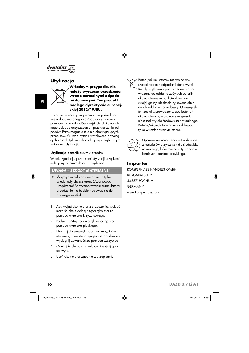Utylizacja, Importer | Dentalux DAZD 3.7 Li A1 User Manual | Page 19 / 30