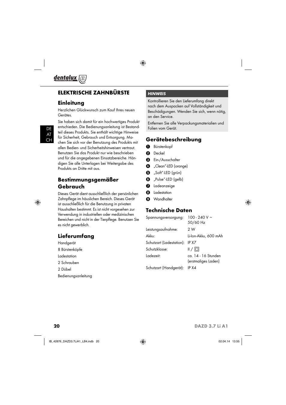 Elektrische zahnbürste einleitung, Bestimmungsgemäßer gebrauch, Lieferumfang | Gerätebeschreibung, Technische daten | Dentalux DAZD 3.7 Li A1 User Manual | Page 23 / 30