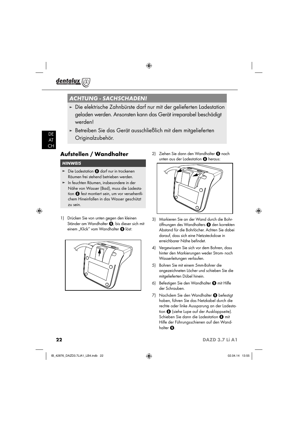 Achtung - sachschaden | Dentalux DAZD 3.7 Li A1 User Manual | Page 25 / 30