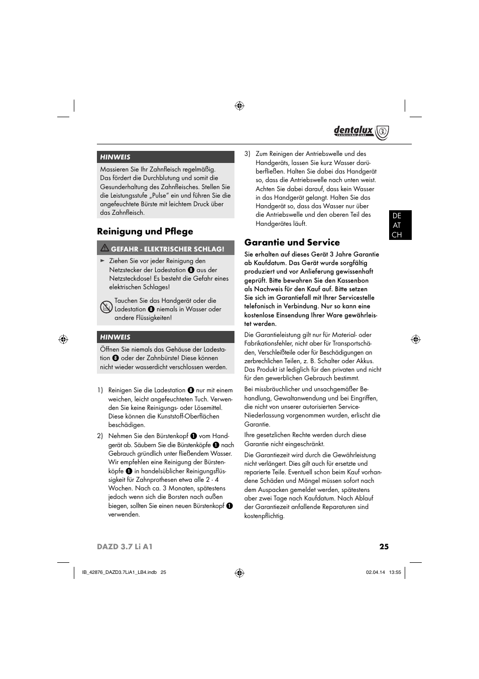 Reinigung und pﬂ ege, Garantie und service | Dentalux DAZD 3.7 Li A1 User Manual | Page 28 / 30