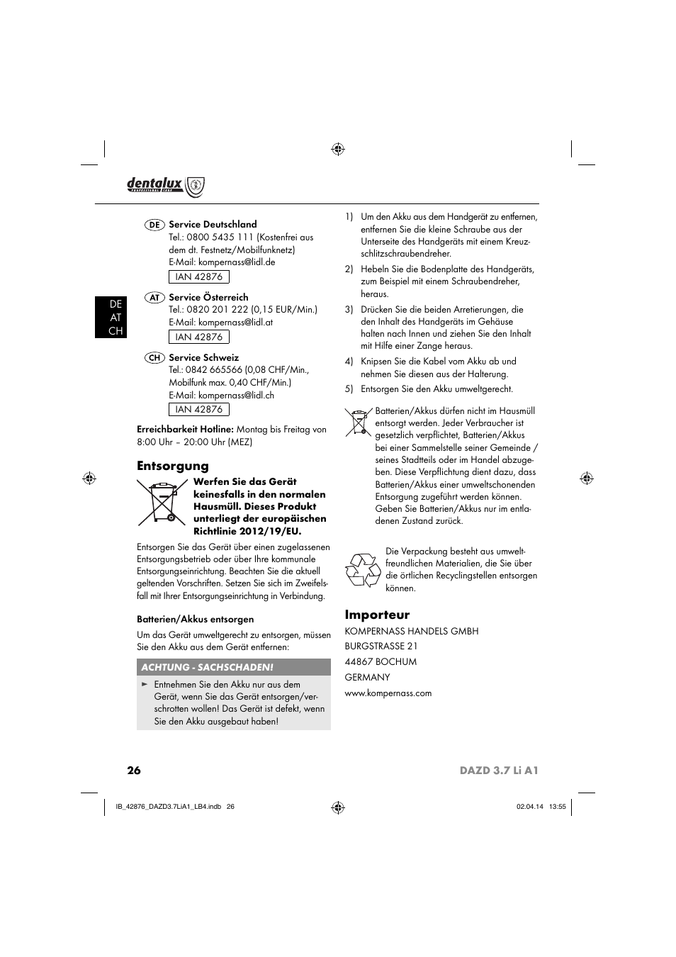 Entsorgung, Importeur | Dentalux DAZD 3.7 Li A1 User Manual | Page 29 / 30