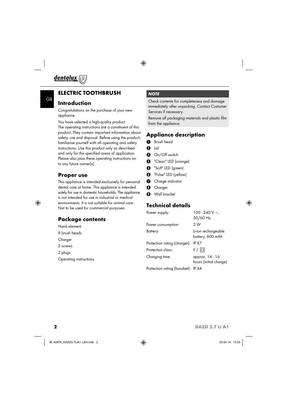 Electric toothbrush introduction, Proper use, Package contents | Appliance description, Technical details | Dentalux DAZD 3.7 Li A1 User Manual | Page 5 / 30