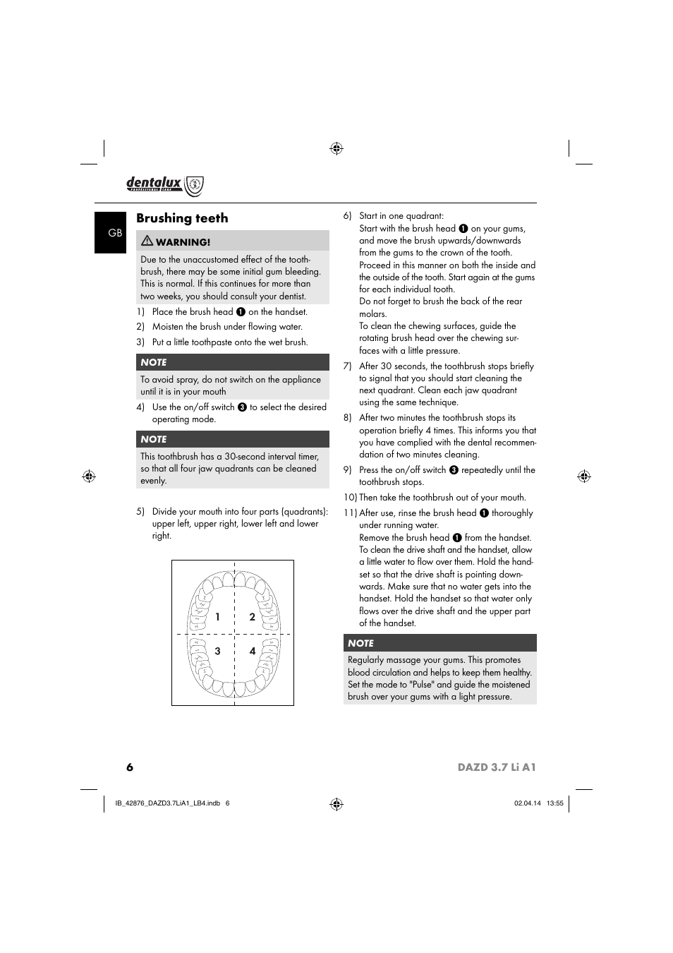 Brushing teeth | Dentalux DAZD 3.7 Li A1 User Manual | Page 9 / 30