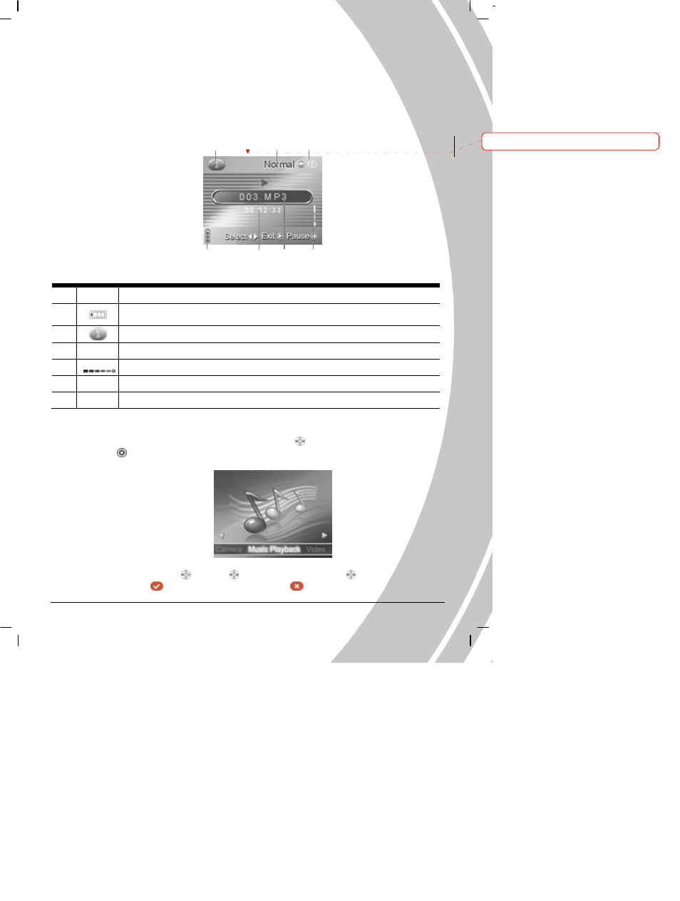 6 music player mode, Icons, Operation instructions | 2 operation instructions | DXG Technology DXG Digital Camera User Manual | Page 41 / 60