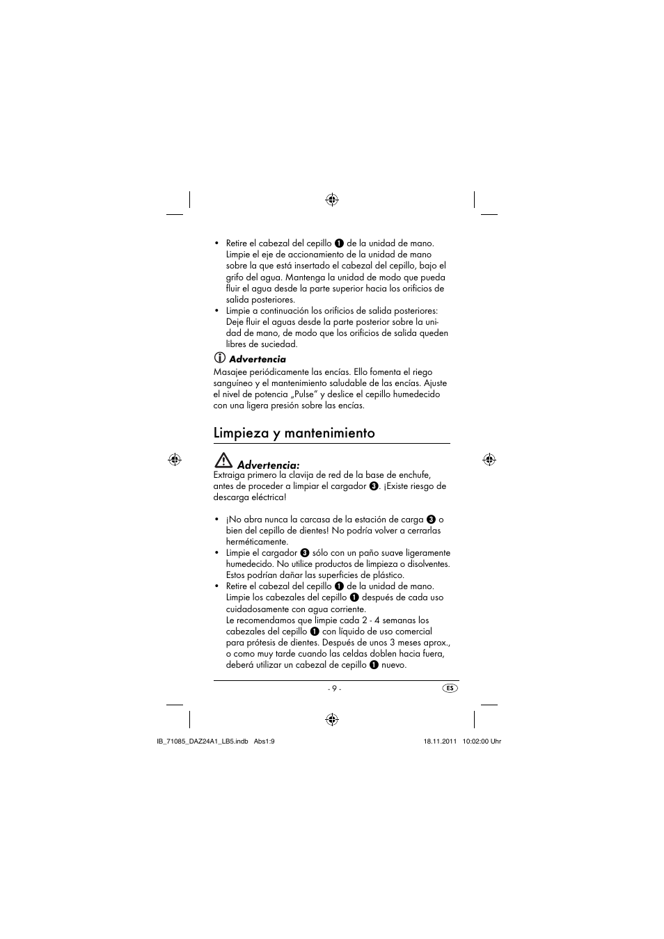 Limpieza y mantenimiento, Advertencia | Dentalux DAZ 2.4 A1 User Manual | Page 11 / 76