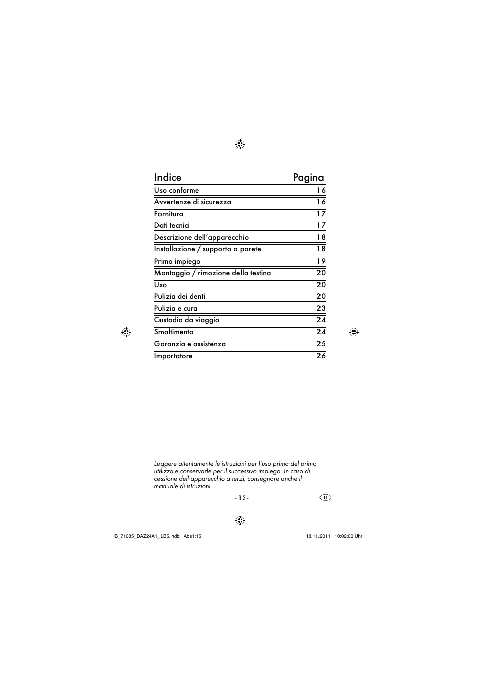 Indice pagina | Dentalux DAZ 2.4 A1 User Manual | Page 17 / 76