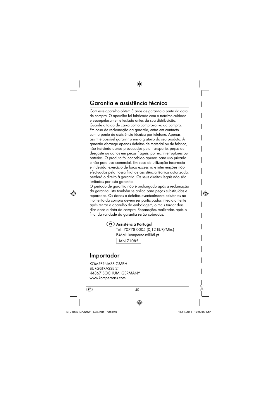 Garantia e assistência técnica, Importador | Dentalux DAZ 2.4 A1 User Manual | Page 42 / 76