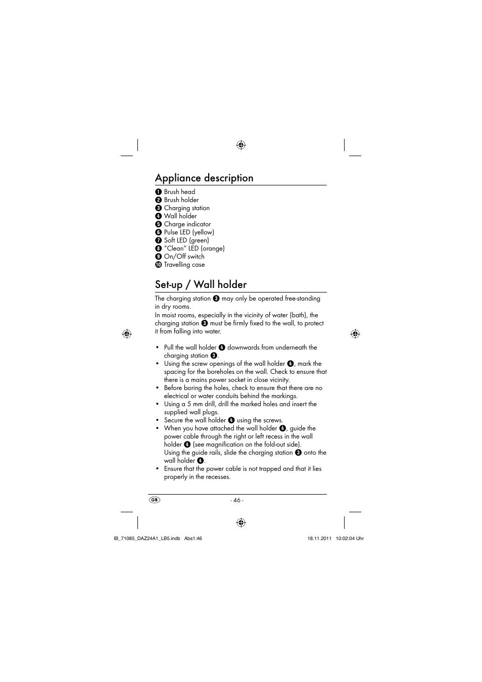 Appliance description, Set-up / wall holder | Dentalux DAZ 2.4 A1 User Manual | Page 48 / 76