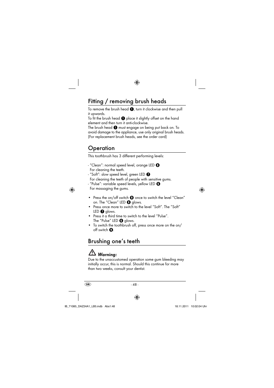 Fitting / removing brush heads, Operation, Brushing one’s teeth | Dentalux DAZ 2.4 A1 User Manual | Page 50 / 76