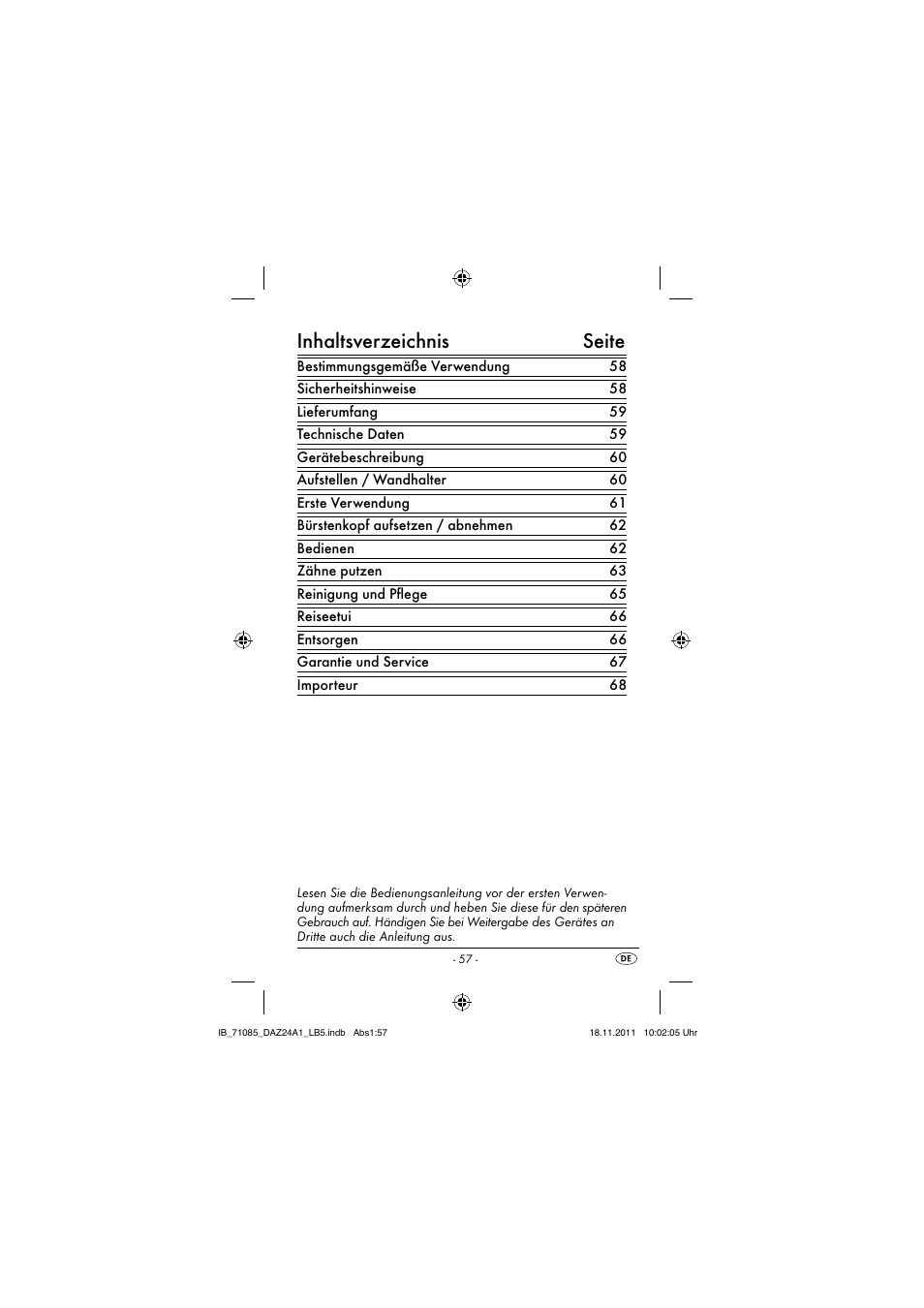 Inhaltsverzeichnis seite | Dentalux DAZ 2.4 A1 User Manual | Page 59 / 76