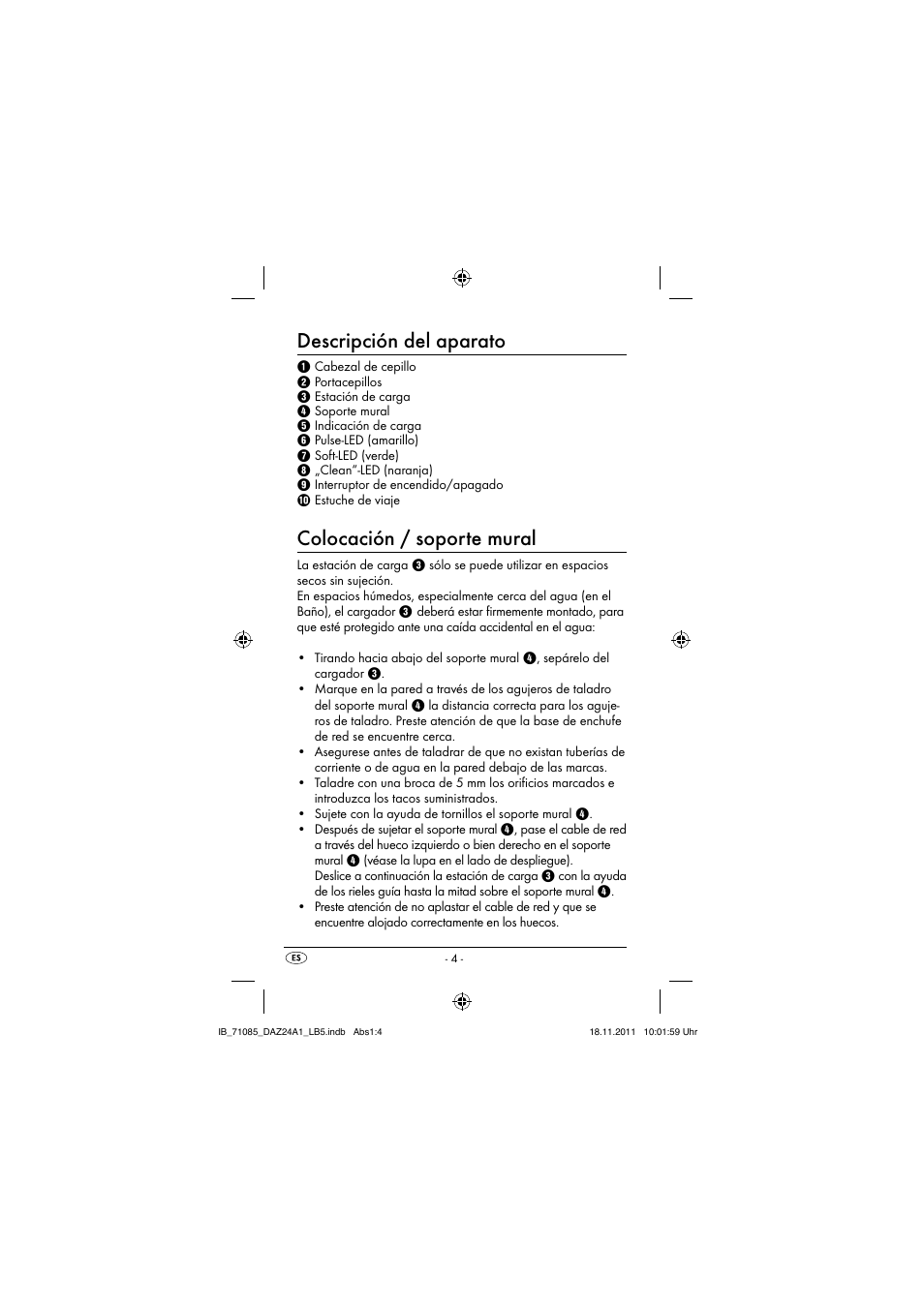 Descripción del aparato, Colocación / soporte mural | Dentalux DAZ 2.4 A1 User Manual | Page 6 / 76