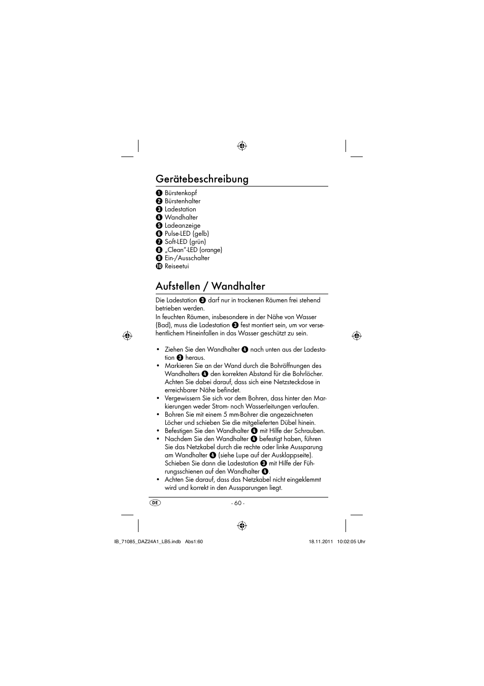 Gerätebeschreibung, Aufstellen / wandhalter | Dentalux DAZ 2.4 A1 User Manual | Page 62 / 76