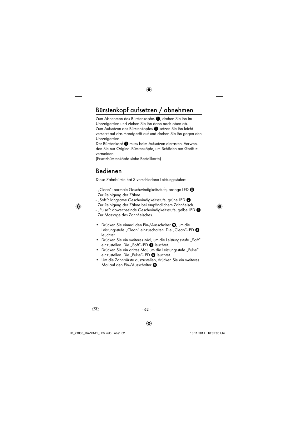 Bürstenkopf aufsetzen / abnehmen, Bedienen | Dentalux DAZ 2.4 A1 User Manual | Page 64 / 76