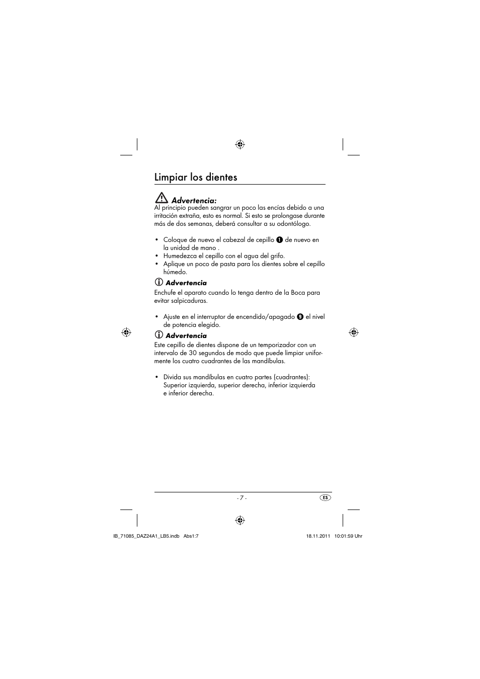 Limpiar los dientes, Advertencia | Dentalux DAZ 2.4 A1 User Manual | Page 9 / 76