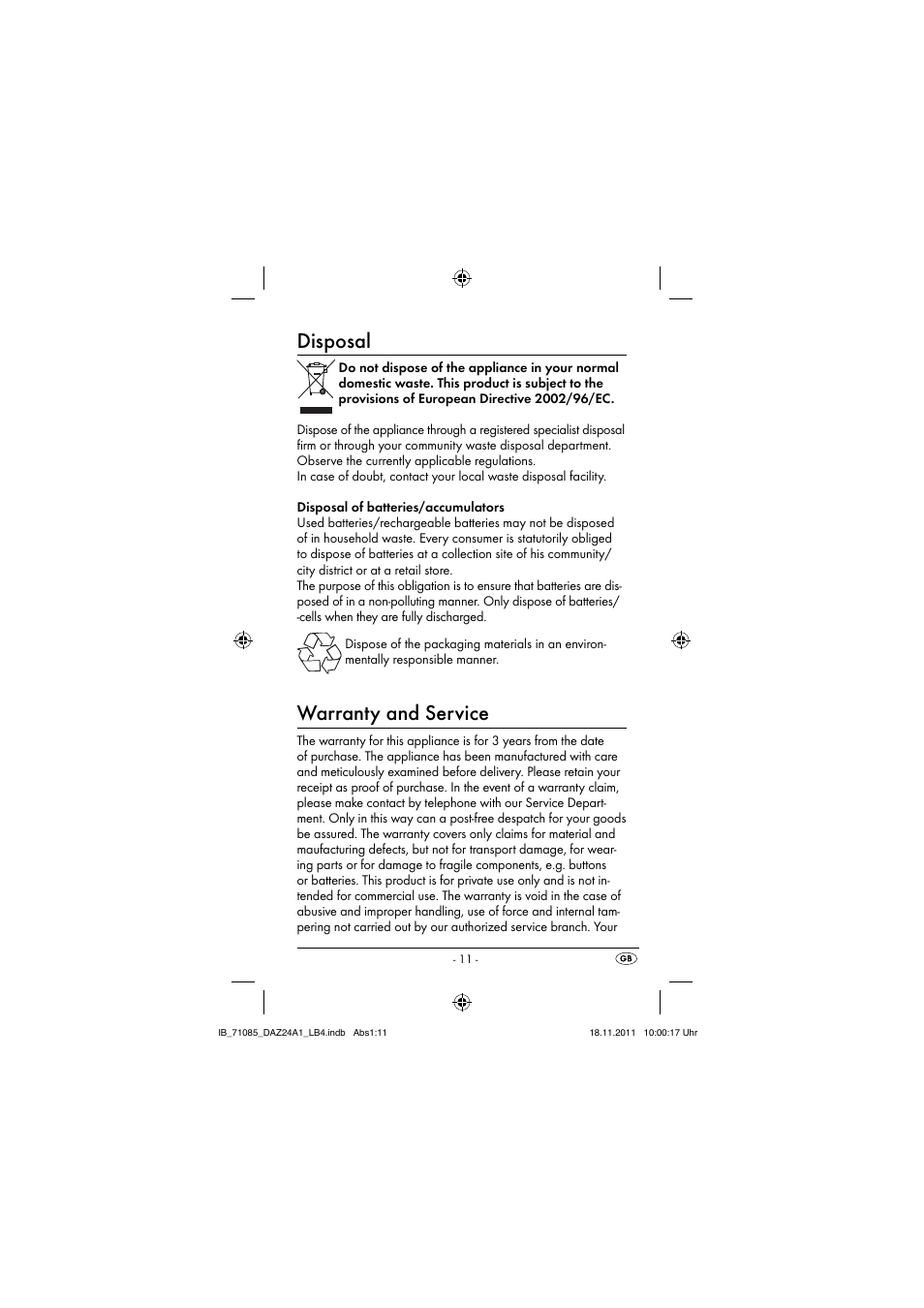 Disposal, Warranty and service | Dentalux DAZ 2.4 A1 User Manual | Page 13 / 106